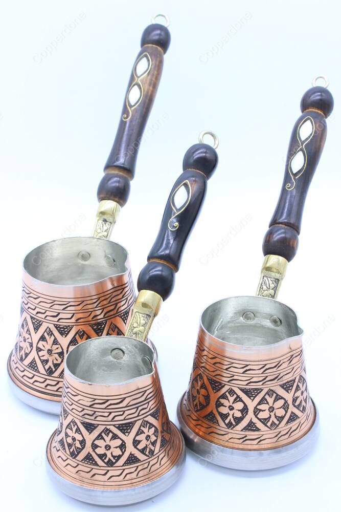 Copperdone Çiçek El İşlemeli Bakır Cezve Seti 3 lü İndüksiyon Ocak Uyumlu - 5