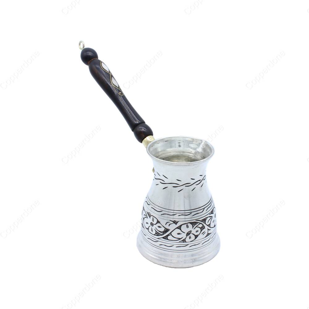Copperdone Çiçek El İşlemeli Uzun Bakır Cezve İndüksiyon Ocak Uyumlu Antik Gümüş Büyük Boy - 2