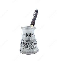 Copperdone Çiçek El İşlemeli Uzun Bakır Cezve İndüksiyon Ocak Uyumlu Antik Gümüş Büyük Boy - 1