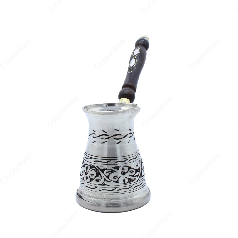 Copperdone Çiçek El İşlemeli Uzun Bakır Cezve İndüksiyon Ocak Uyumlu Antik Gümüş Büyük Boy - 1