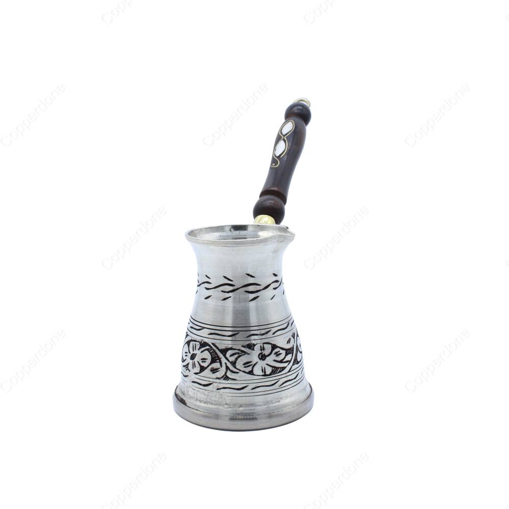 Copperdone Çiçek El İşlemeli Uzun Bakır Cezve İndüksiyon Ocak Uyumlu Antik Gümüş Orta Boy - 1