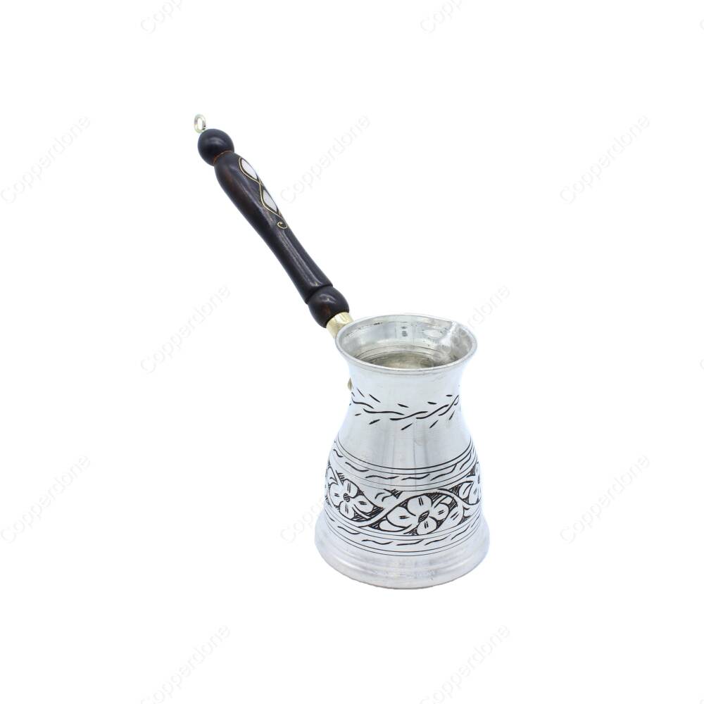 Copperdone Çiçek El İşlemeli Uzun Bakır Cezve İndüksiyon Ocak Uyumlu Antik Gümüş Orta Boy - 2