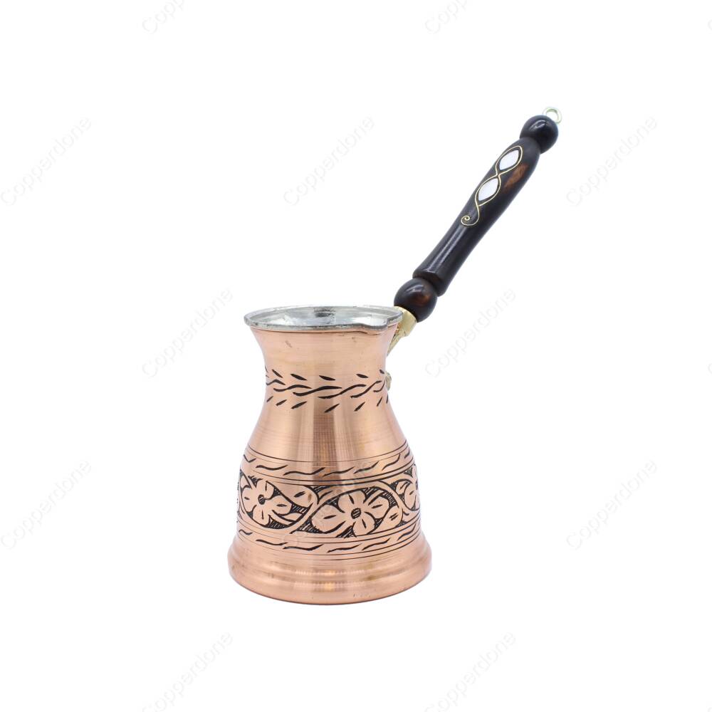 Copperdone Çiçek El İşlemeli Uzun Eskitme Bakır Cezve Antik Bakır Renk Büyük Boy - 1
