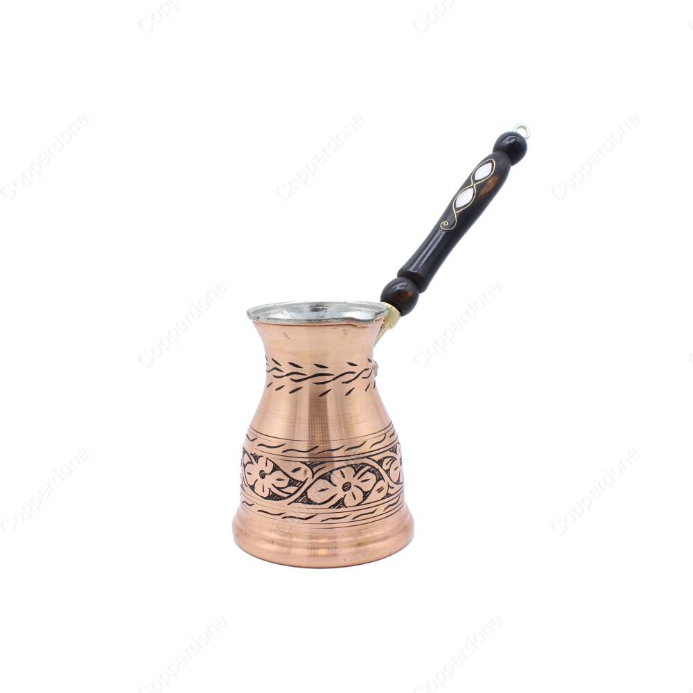 Copperdone Çiçek El İşlemeli Uzun Eskitme Bakır Cezve Antik Bakır Renk Orta Boy - 1