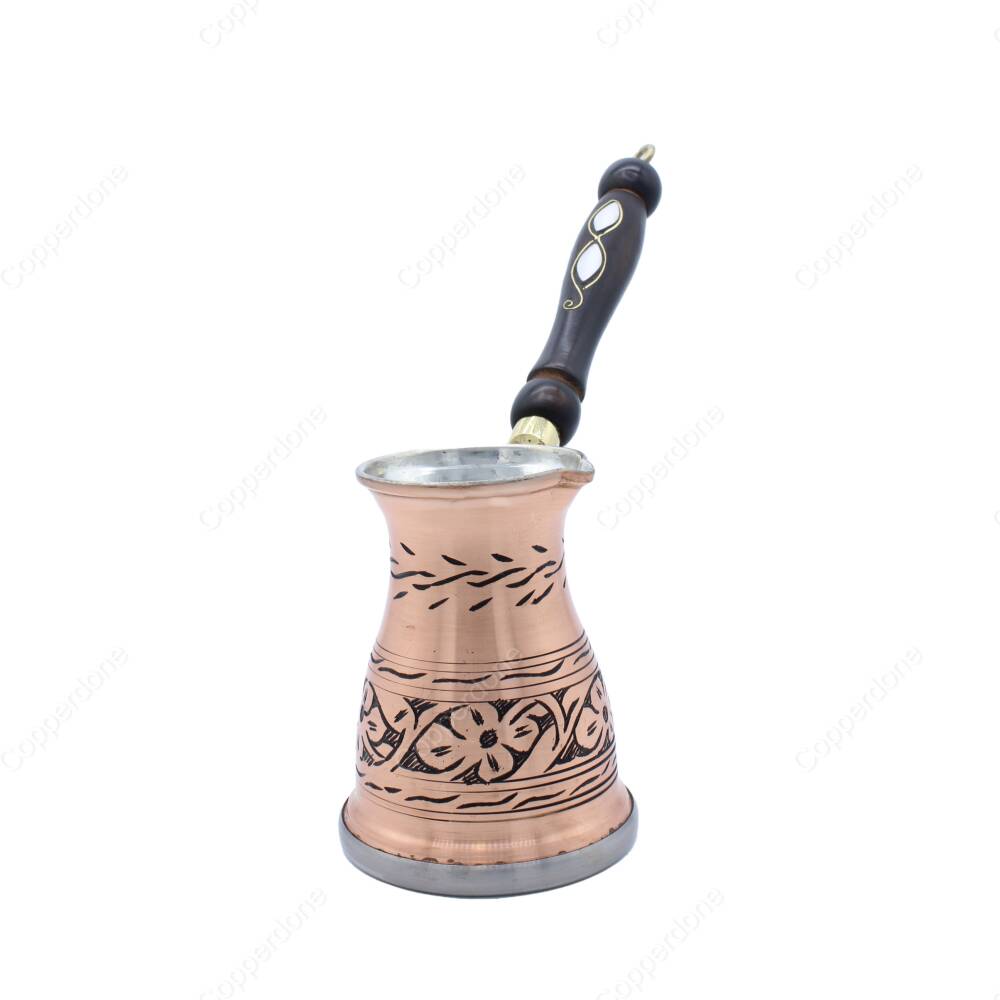 Copperdone Çiçek El İşlemeli Uzun Eskitme Bakır Cezve İndüksiyon Ocak Uyumlu Büyük Boy - 1