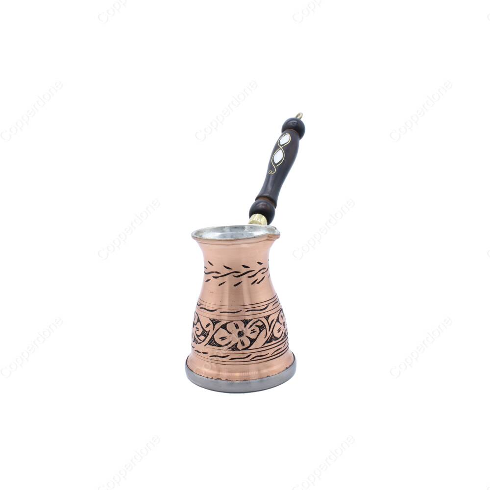 Copperdone Çiçek El İşlemeli Uzun Eskitme Bakır Cezve İndüksiyon Ocak Uyumlu Küçük Boy - 1