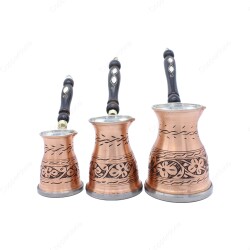 Copperdone Çiçek El İşlemeli Uzun Eskitme Bakır Cezve Seti 3 lü İndüksiyon Ocak Uyumlu - 1