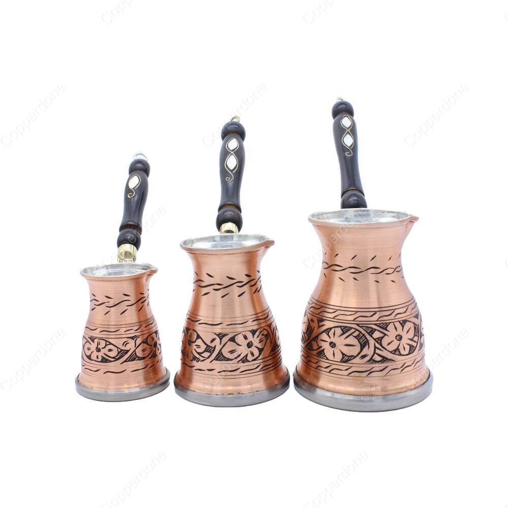 Copperdone Çiçek El İşlemeli Uzun Eskitme Bakır Cezve Seti 3 lü İndüksiyon Ocak Uyumlu - 1