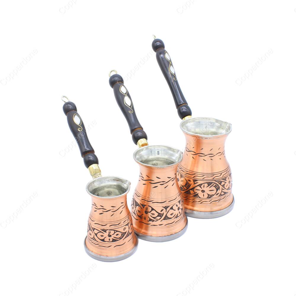 Copperdone Çiçek El İşlemeli Uzun Eskitme Bakır Cezve Seti 3 lü İndüksiyon Ocak Uyumlu - 2
