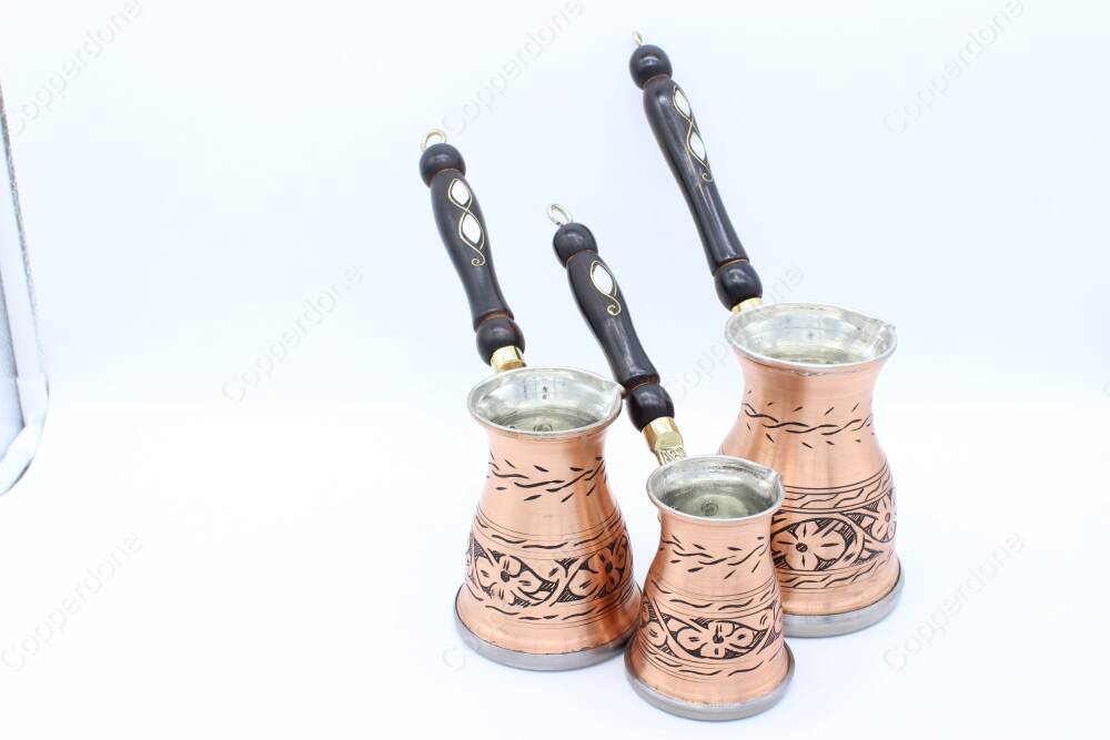 Copperdone Çiçek El İşlemeli Uzun Eskitme Bakır Cezve Seti 3 lü İndüksiyon Ocak Uyumlu - 3