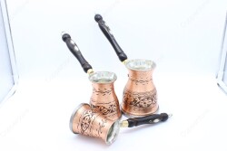Copperdone Çiçek El İşlemeli Uzun Eskitme Bakır Cezve Seti 3 lü İndüksiyon Ocak Uyumlu - 4