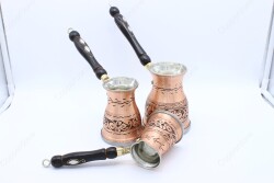 Copperdone Çiçek El İşlemeli Uzun Eskitme Bakır Cezve Seti 3 lü İndüksiyon Ocak Uyumlu - 5