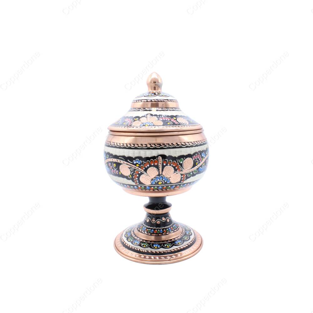 Copperdone Decorative Handmade Hand Engraved Copper Candy Sugar Bowl With Lid Black Enameled Color - 1