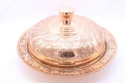Copperdone El İşlemeli Kabartma Çiçek Motifli Yuvarlak Bakır Servis Tabağı - 3