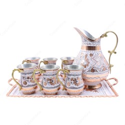 Copperdone Erzincan El İşlemeli Dikdörtgen Tepsili Bakır Ayran ve İçecek Seti 6 Kişilik Beyaz Renk - 1