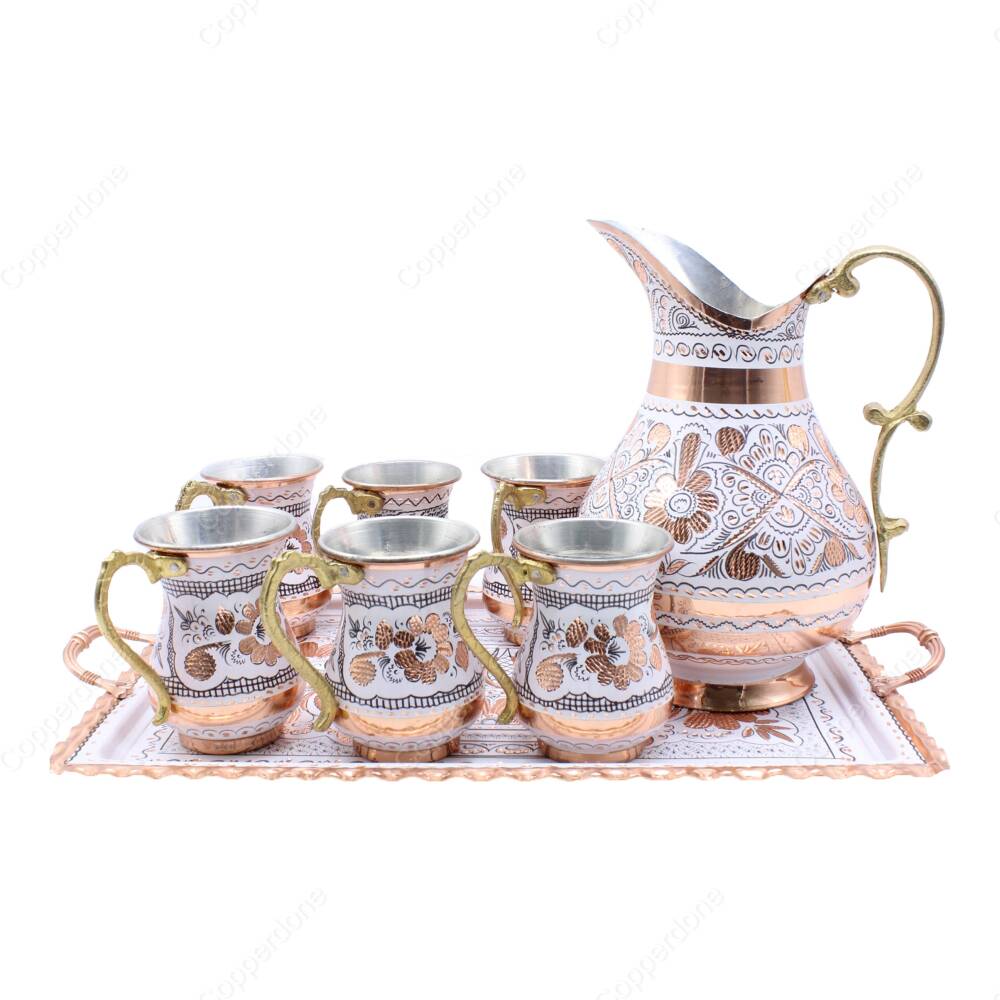 Copperdone Erzincan El İşlemeli Dikdörtgen Tepsili Bakır Ayran ve İçecek Seti 6 Kişilik Beyaz Renk - 1