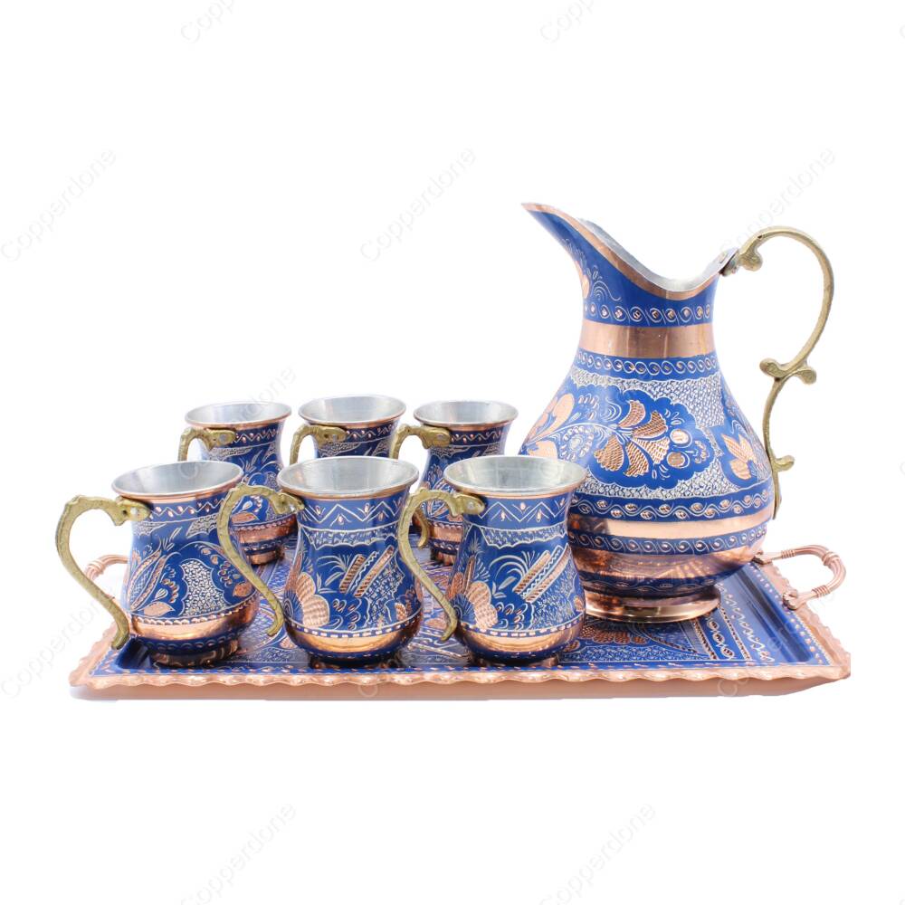 Copperdone Erzincan El İşlemeli Dikdörtgen Tepsili Bakır Ayran ve İçecek Seti 6 Kişilik Mavi Renk - 1