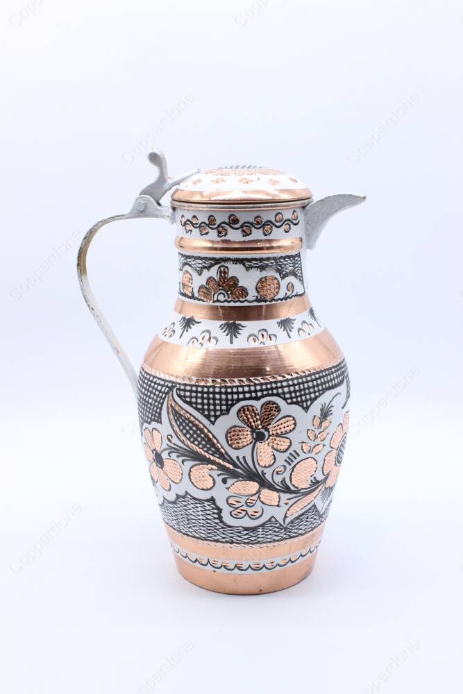 Copperdone Erzincan El İşlemeli Kapaklı Otantik Bakır Sürahi Beyaz Renk 24cm - 3