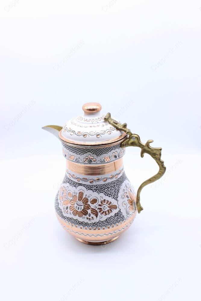 Copperdone Erzincan El İşlemeli Kapaklı Otantik Bakır Sürahi Beyaz Renk - 4