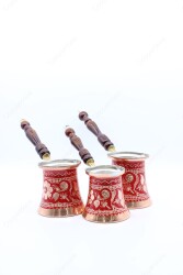 Copperdone Erzincan El İşlemeli Otantik Bakır 3 lü Cezve Seti Kırmızı Renk - 3