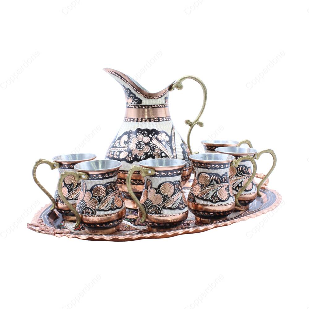 Copperdone Erzincan El İşlemeli Oval Tepsili Bakır Ayran ve İçecek Seti 6 Kişilik Siyah - 1