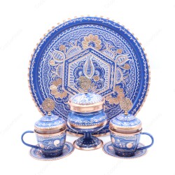 Copperdone Erzincan El İşlemesi 2 Kişilik Otantik Bakır Çay ve Kahve Seti Mavi Renk - COPPERDONE