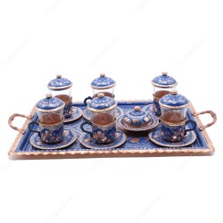 Copperdone Erzincan El İşlemesi 6 Kişilik Otantik Bakır Çay Seti Mavi Renk - 1