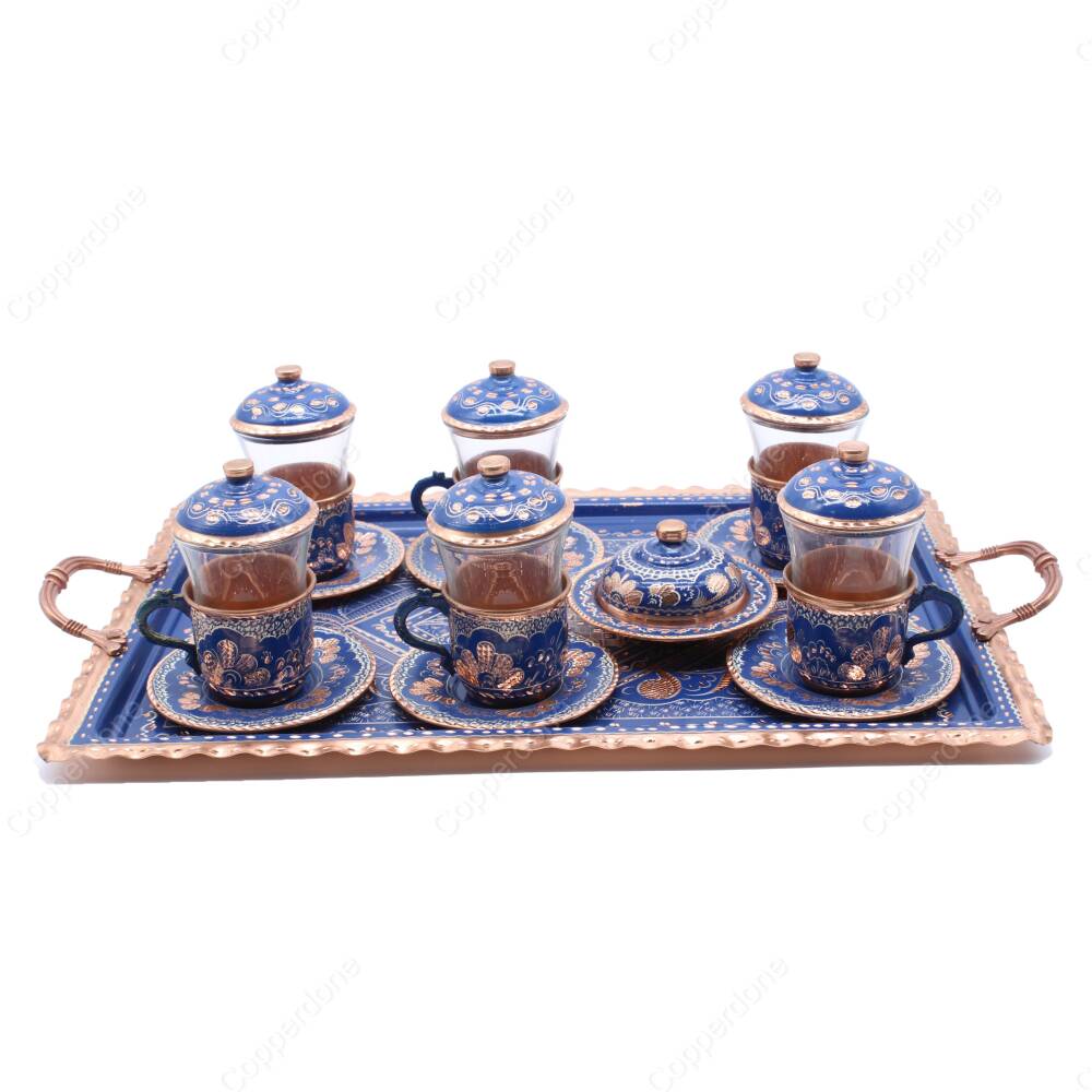 Copperdone Erzincan El İşlemesi 6 Kişilik Otantik Bakır Çay Seti Mavi Renk - 1