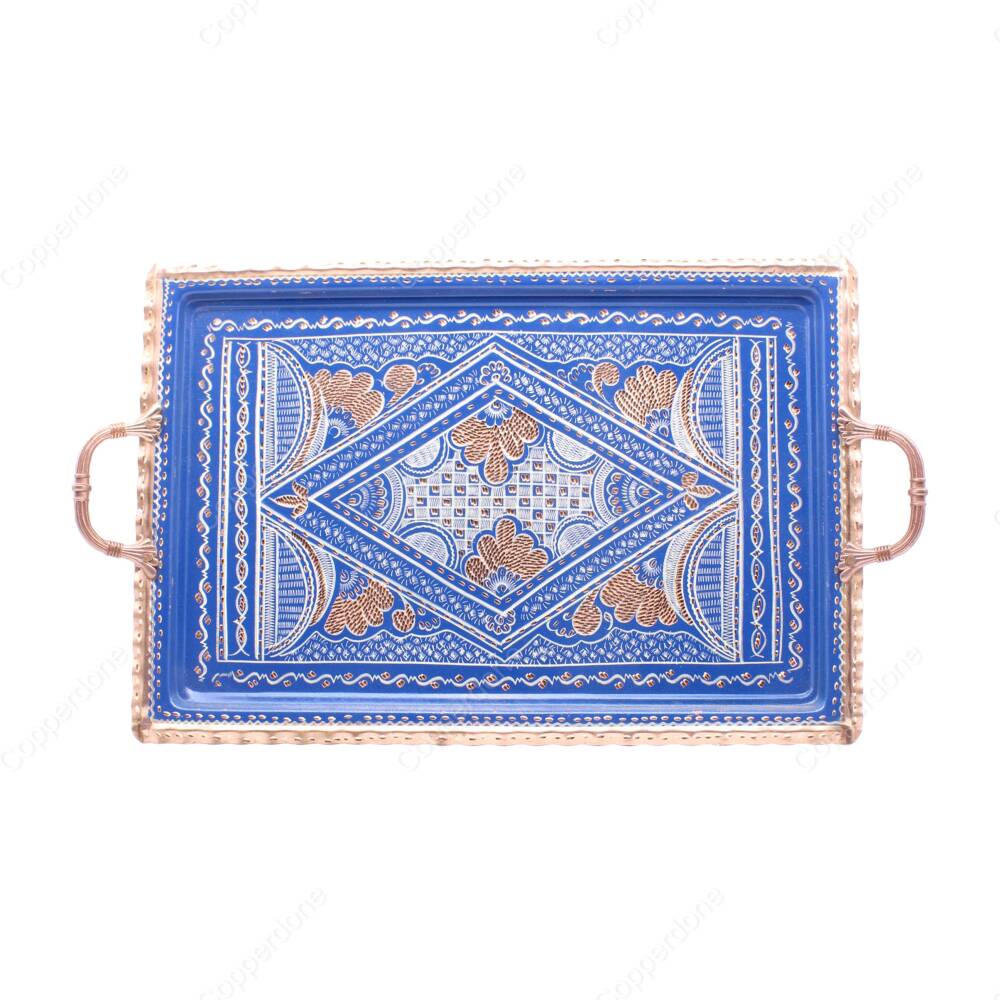 Copperdone Erzincan El İşlemesi Dikdörtgen Bakır Çay Kahve Tepsisi Mavi Renk 39x26cm - 1