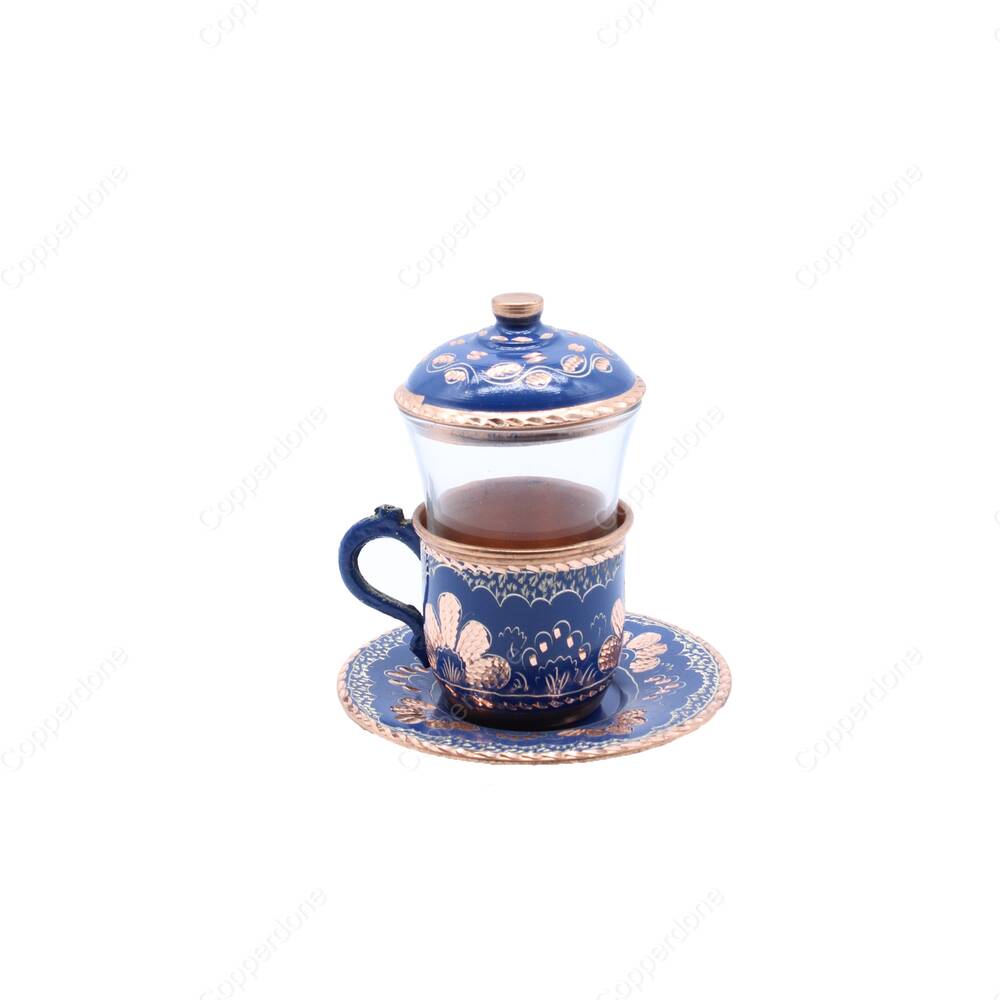 Copperdone Erzincan El İşlemesi Otantik Bakır Çay Bardağı Mavi Renk - 1