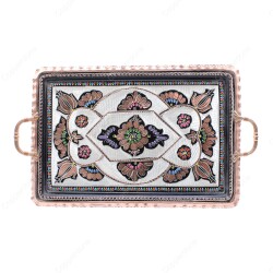 Copperdone Erzincan El İşlemesi Otantik Dikdörtgen Bakır Çay Kahve Servis Tepsisi Siyah Mineli Renk 39x26cm - COPPERDONE