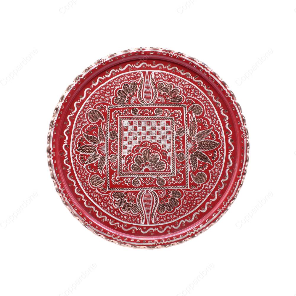 Copperdone Erzincan El İşlemesi Otantik Yuvarlak Bakır Çay Kahve Servis Tepsisi 24cm Kırmızı Renk - 1