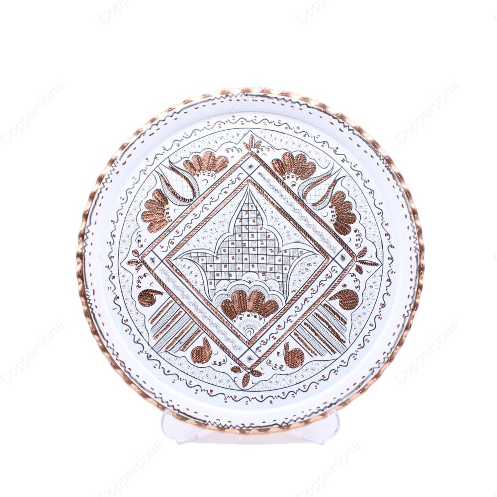 Copperdone Erzincan El İşlemesi Otantik Yuvarlak Bakır Çay Kahve Servis Tepsisi 29cm Beyaz Renk - 1