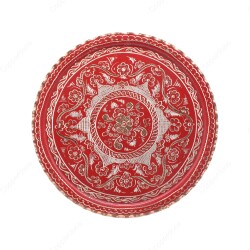 Copperdone Erzincan El İşlemesi Yuvarlak Bakır Çay Kahve Tepsisi Kırmızı Renk 29cm - COPPERDONE