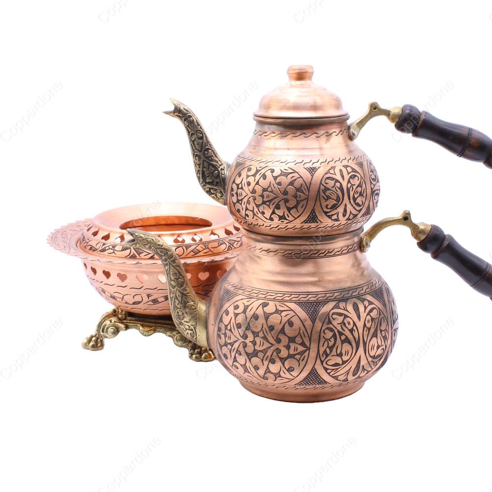 Copperdone Gaziantep Ağır El İşlemeli Büyük Boy Bakır Çaydanlık ve İşlemeli Bakır Çaydanlık Isıtıcı Seti Antik Bakır Renk Model 6 - 2