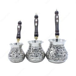 Copperdone Gaziantep El İşlemesi Çiçekli Bakır Cezve Antik Gümüş Renk 3 lü Bakır Cezve Setİ - 1