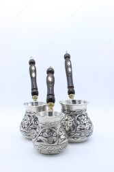 Copperdone Gaziantep El İşlemesi Çiçekli Bakır Cezve Antik Gümüş Renk 3 lü Bakır Cezve Setİ - 4