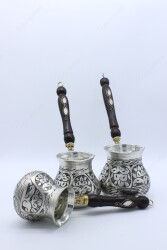 Copperdone Gaziantep El İşlemesi Çiçekli Bakır Cezve Antik Gümüş Renk 3 lü Bakır Cezve Setİ - 5