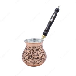 Copperdone Gaziantep El İşlemesi Çiçekli Eskitme Bakır Cezve Antik Bakır Renk Büyük Boy - COPPERDONE