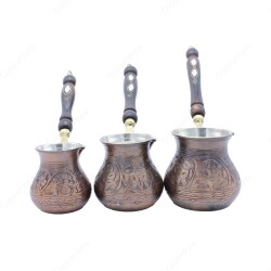 Copperdone Gaziantep El İşlemesi Çiçekli Eskitme Bakır Cezve Bakır Oksit Renk Bakır 3 lü Cezve Seti - 1