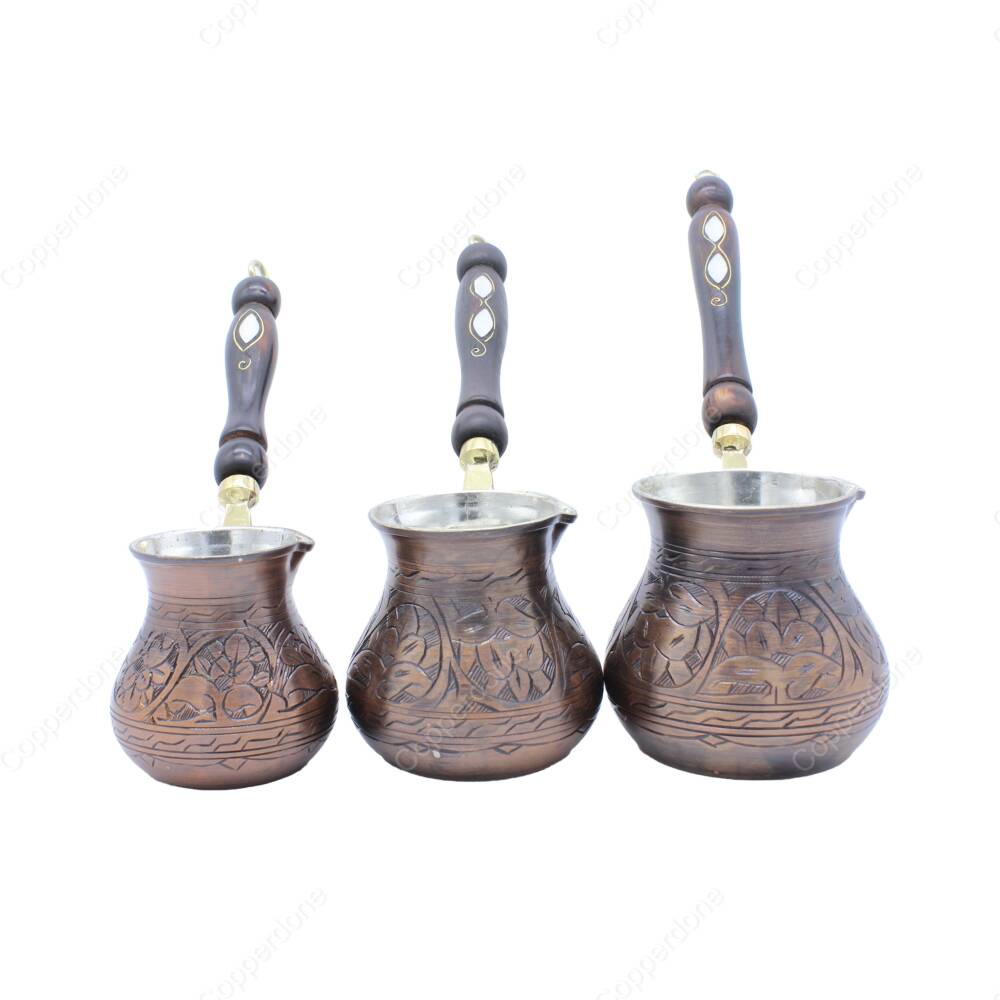 Copperdone Gaziantep El İşlemesi Çiçekli Eskitme Bakır Cezve Bakır Oksit Renk Bakır 3 lü Cezve Seti - 1