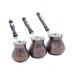 Copperdone Gaziantep El İşlemesi Çiçekli Eskitme Bakır Cezve Bakır Oksit Renk Bakır 3 lü Cezve Seti - 2