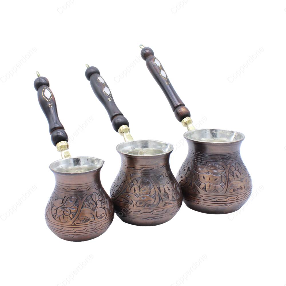 Copperdone Gaziantep El İşlemesi Çiçekli Eskitme Bakır Cezve Bakır Oksit Renk Bakır 3 lü Cezve Seti - 2