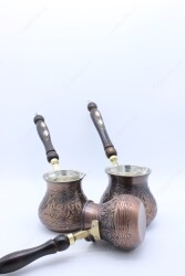 Copperdone Gaziantep El İşlemesi Çiçekli Eskitme Bakır Cezve Bakır Oksit Renk Bakır 3 lü Cezve Seti - 4