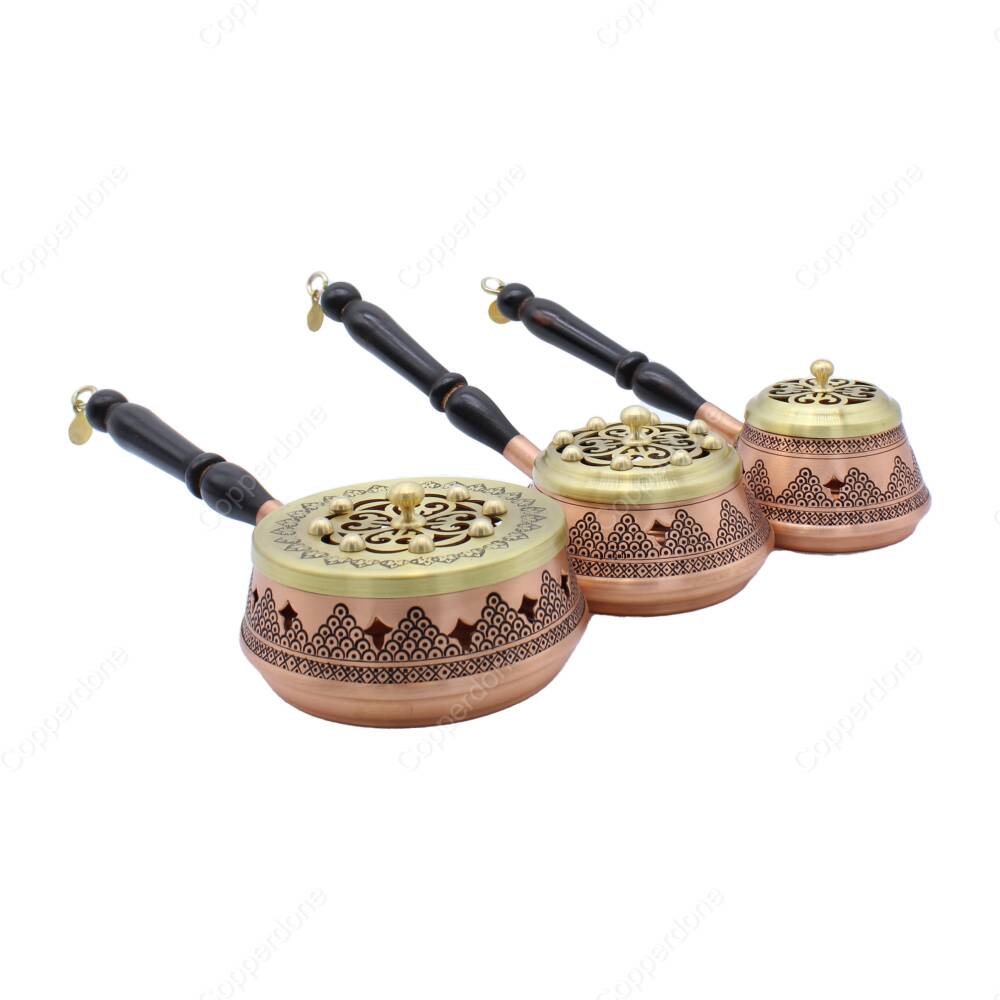 Copperdone Gaziantep El İşlemesi Üzümlü Model Eskitme Bakır Buhurdanlık Tütsülük Rose-Gold 3′ lü Set - 2