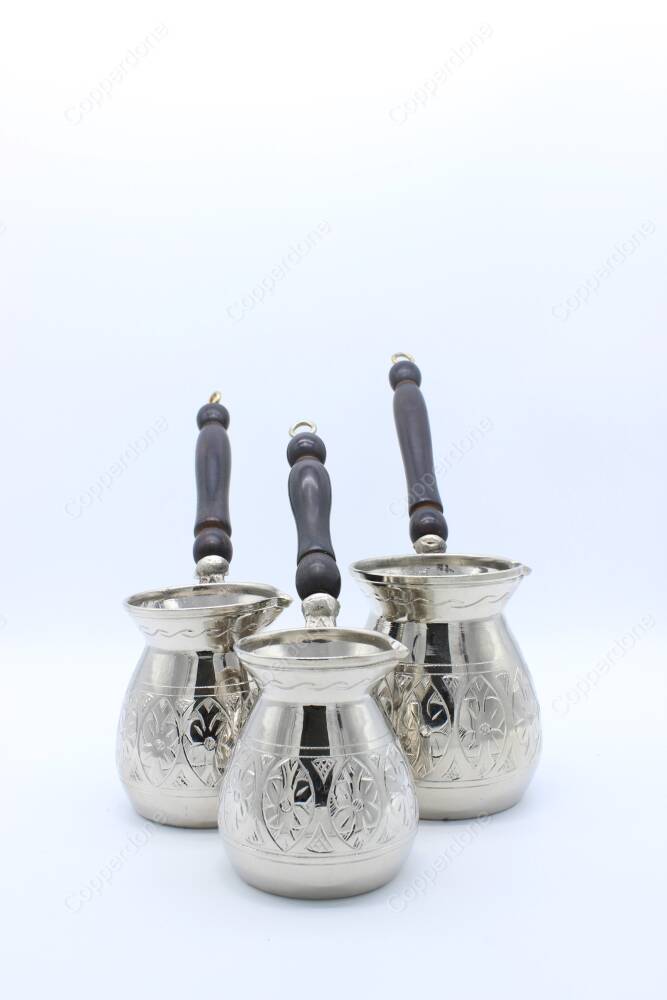 Copperdone Gaziantep Handmade Hand Engraved Copper Coffee Pot Cezve Ibrik Briki Turkish Greek Arabic Coffee Maker Set Shiny Silver Color - 3