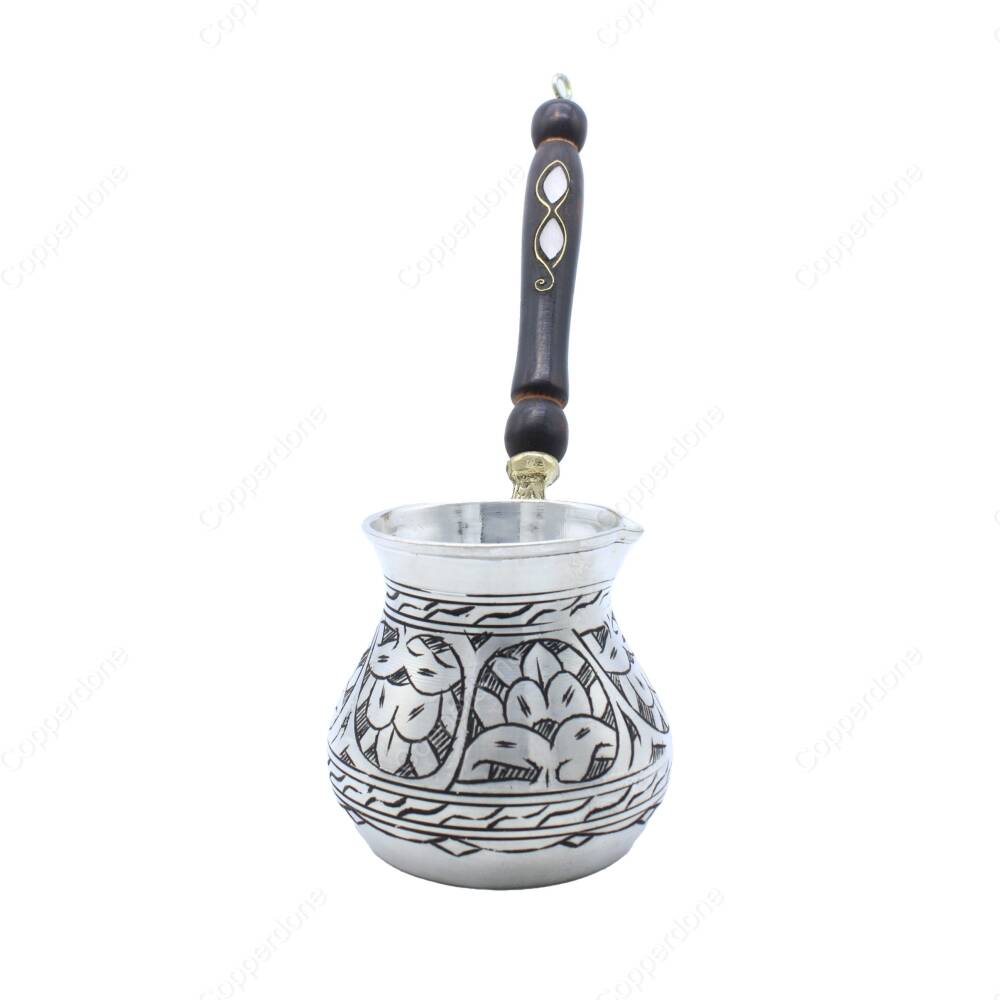 Copperdone Handmade Ethnic Motif Hand Engraved Copper Coffee Pot Cezve Ibrik Briki Turkish Greek Arabic Coffee Maker Antique Silver Color Large - 2