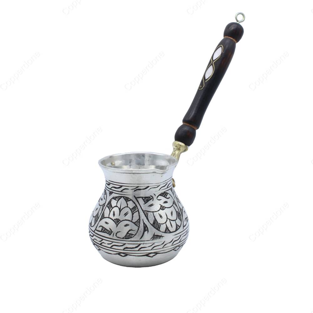 Copperdone Handmade Ethnic Motif Hand Engraved Copper Coffee Pot Cezve Ibrik Briki Turkish Greek Arabic Coffee Maker Antique Silver Color Large - 1