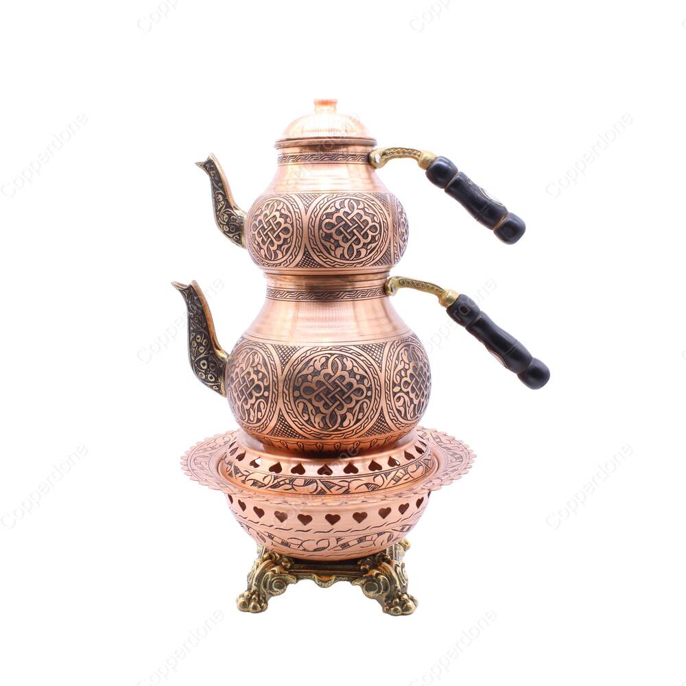 Copperdone Handmade Fine Hand Engraved Chisel Work Turkish Copper Teapot Tea Kettle and Copper Teapot Warmer Set Antique Copper Color MODEL 5 - 1