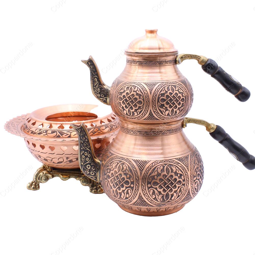 Copperdone Handmade Fine Hand Engraved Chisel Work Turkish Copper Teapot Tea Kettle and Copper Teapot Warmer Set Antique Copper Color MODEL 5 - 2